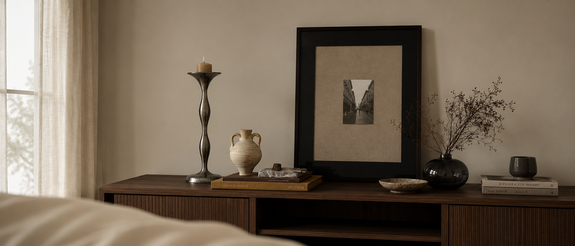 Decorative pieces arranged for a considered interior